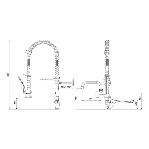 Voorspoeldouche | SilverLine | Handdouche + Middenuitloop | Mengkraan | 1-Gats | 700(h)mm