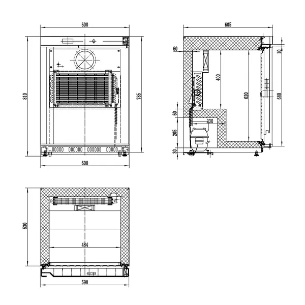 Koelkast | 101L | RVS | +2°C/+8°C | Geforceerd | Wielen | 600x605x810(h)mm
