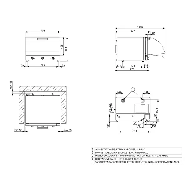 Multifunctionele Heteluchtoven | ALFA | 4 Niveaus (EN600x400) | Elektrisch | 50°C/270°C | 6.9kW (400V) | Bevochtiging (Handmatig) | Grillfunctie | 798x747x563(h)mm