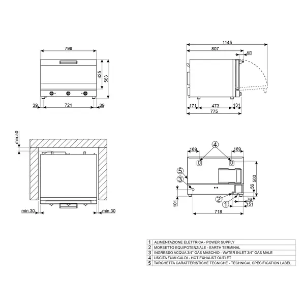 Heteluchtoven | ALFA | 4 Niveaus (EN600x400) | Elektrisch | 50°C/270°C | 6.9kW (400V) | Bevochtiging (Handmatig) | 798x747x563(h)mm