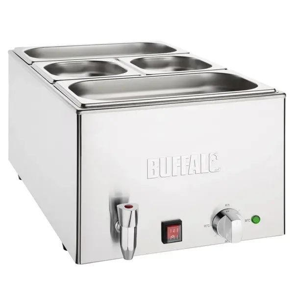 Bain-Marie | Elektrisch | 2x 1/3 GN + 2x 1/6 GN | 30°C/90°C | 1.2kW (230V) | Aftapkraan | Incl. GN-Bakken | 432x645x327(h)mm