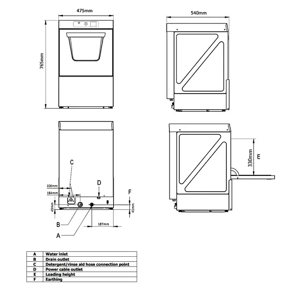 Glazenspoelmachine | Mand 400x400 | Afvoerpomp | Zeeppomp | Naglanspomp | 230V | Touchscreen | 475x570x765(h)mm