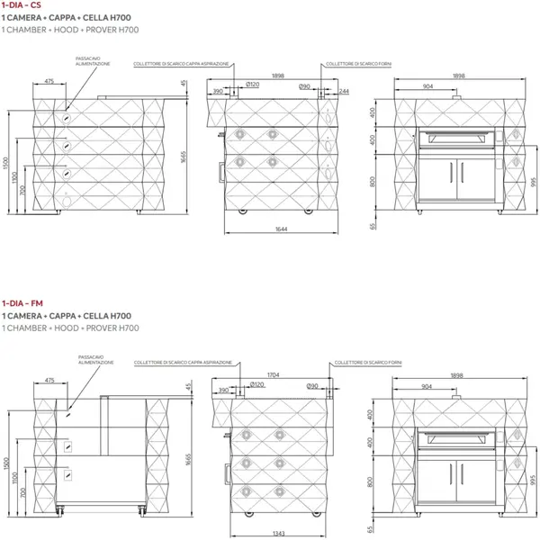 Modulaire Pizzaoven | DIAMOND | Messing | Elektrisch | 9x Ø35cm / Bakkamer | 0°C/460°C | 400V | Touchscreen | Incl. Afzuigkap + Rijskast