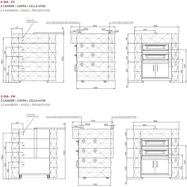 Modulaire Pizzaoven | DIAMOND | Messing | Elektrisch | 9x Ø35cm / Bakkamer | 0°C/460°C | 400V | Touchscreen | Incl. Afzuigkap + Rijskast