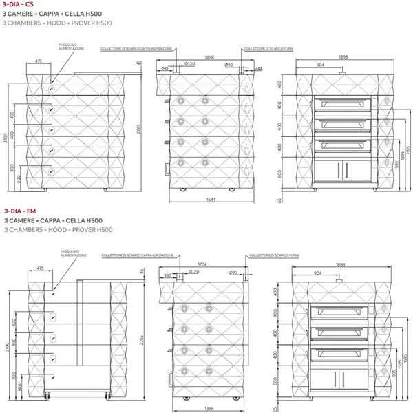Modulaire Pizzaoven | DIAMOND | Messing | Elektrisch | 9x Ø35cm / Bakkamer | 0°C/460°C | 400V | Touchscreen | Incl. Afzuigkap + Rijskast