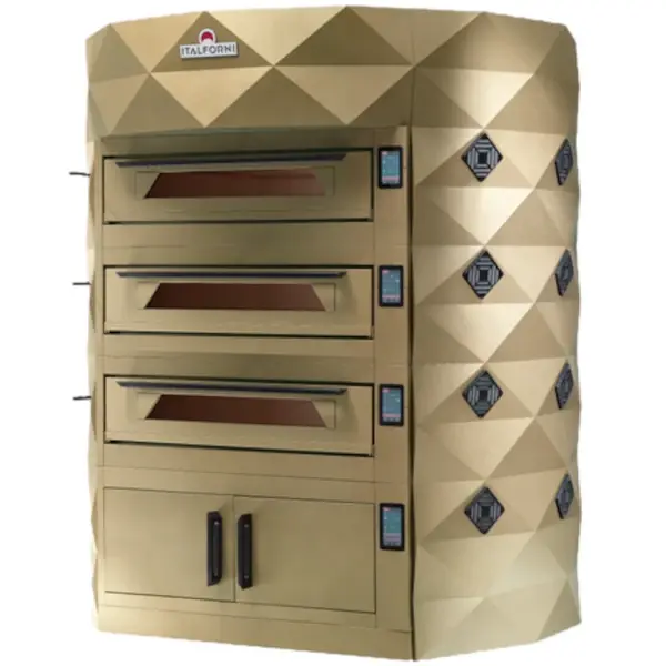 Modulaire Pizzaoven | DIAMOND | Messing | Elektrisch | 9x Ø35cm / Bakkamer | 0°C/460°C | 400V | Touchscreen | Incl. Afzuigkap + Rijskast