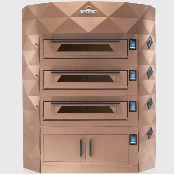 Modulaire Pizzaoven | DIAMOND | Brons | Elektrisch | 9x Ø35cm / Bakkamer | 0°C/460°C | 400V | Touchscreen | Incl. Afzuigkap + Rijskast