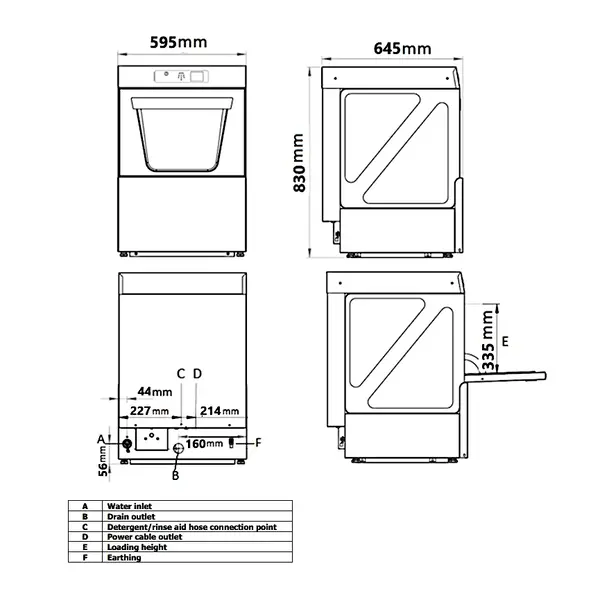 Horeca Vaatwasser | Mand 500x500 | Afvoerpomp | Zeeppomp | Naglanspomp | 400V | Touchscreen | 595x645x830(h)mm