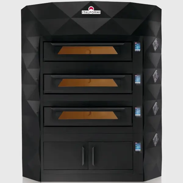 Modulaire Pizzaoven | DIAMOND | Zwart | Elektrisch | 9x Ø35cm / Bakkamer | 0°C/460°C | 400V | Touchscreen | Incl. Afzuigkap + Rijskast