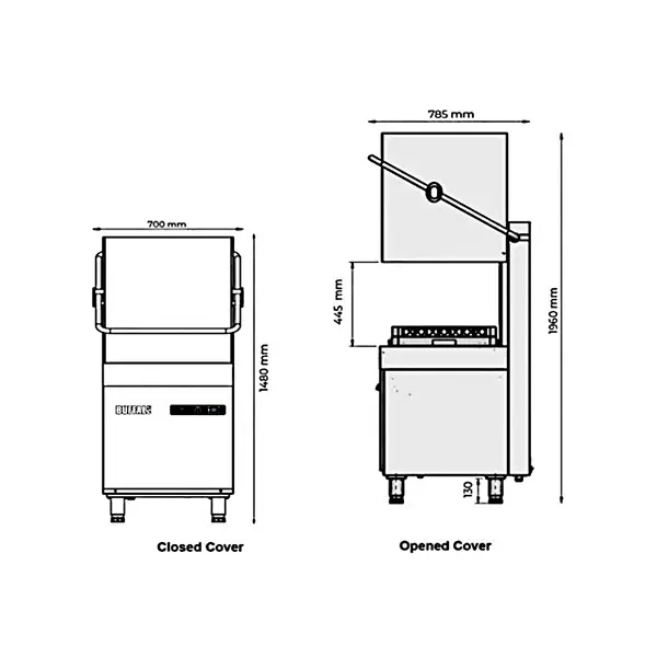 Doorschuifvaatwasser | Mand 500x500 | Afvoerpomp | Zeeppomp | Naglanspomp | 400V | Touchscreen | 700x785x1480/1960(h)mm