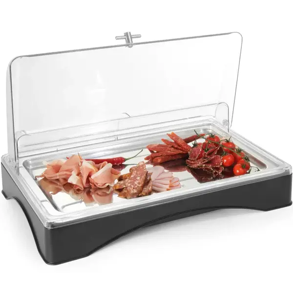 Buffetvitrine | Kunststof/RVS | Gekoeld | Incl. Serveerchaal (1/1 GN) | Koelelement + Roll-Top Deksel | 555x357x175(h)mm