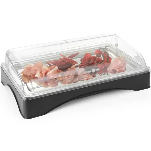 Buffetvitrine | Kunststof/RVS | Gekoeld | Incl. Serveerchaal (1/1 GN) | Koelelement + Roll-Top Deksel | 555x357x175(h)mm