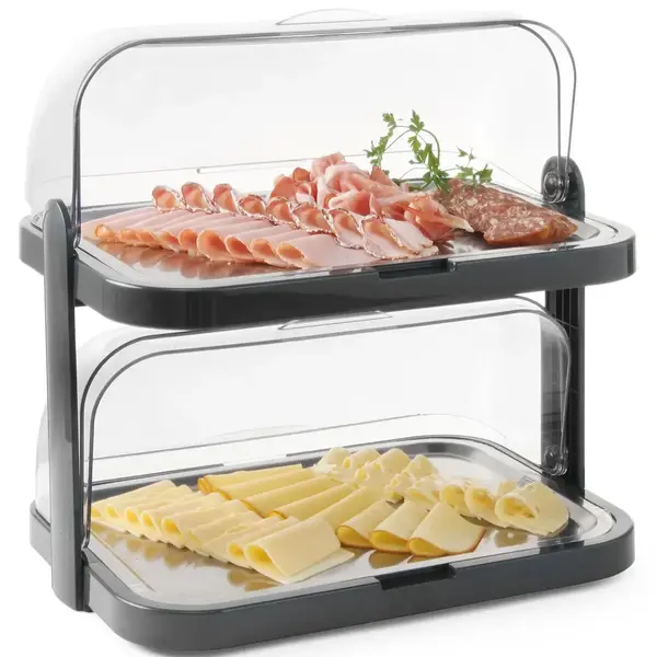 Buffetvitrine | DUO UNIQ (Design by Bronwasser) | Kunststof/RVS | 2 Etages | Gekoeld | Incl. Serveerchalen (2x 400x300) | 4 Koelelementen + 2 Roll-Top Deksels | 460x355x480(h)mm