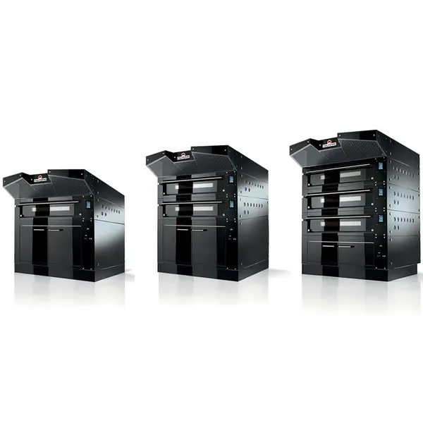 Modulaire Pizzaoven | BULL | Zwart | Elektrisch | 12x Ø30cm / Bakkamer | 0°C/450°C | 400V | Touchscreen | Incl. Afzuigkap + Rijskast/Onderstel