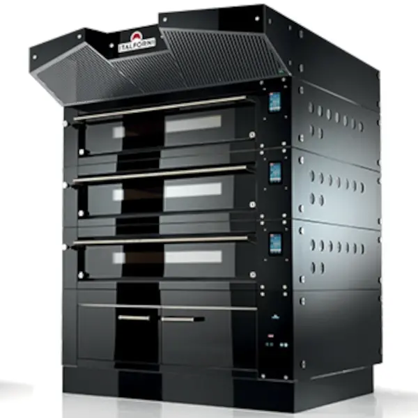 Modulaire Pizzaoven | BULL | Zwart | Elektrisch | 12x Ø30cm / Bakkamer | 0°C/450°C | 400V | Touchscreen | Incl. Afzuigkap + Rijskast/Onderstel