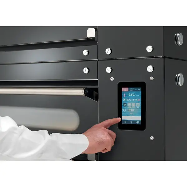 Modulaire Pizzaoven | BULL | Zwart | Elektrisch | 8x Ø30cm / Bakkamer | 0°C/450°C | 400V | Touchscreen | Incl. Afzuigkap + Rijskast/Onderstel