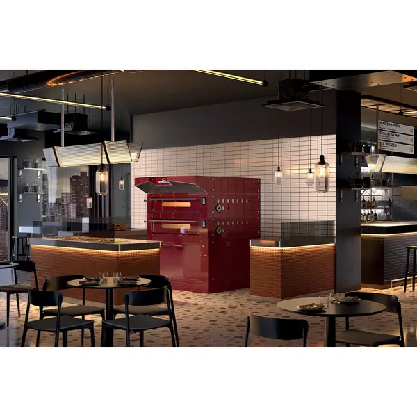 Modulaire Pizzaoven | BULL | Zwart | Elektrisch | 8x Ø30cm / Bakkamer | 0°C/450°C | 400V | Touchscreen | Incl. Afzuigkap + Rijskast/Onderstel