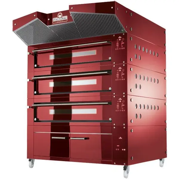 Modulaire Pizzaoven | BULL | Rood | Elektrisch | 6x Ø30cm / Bakkamer | 0°C/450°C | 400V | Touchscreen | Incl. Afzuigkap + Rijskast/Onderstel
