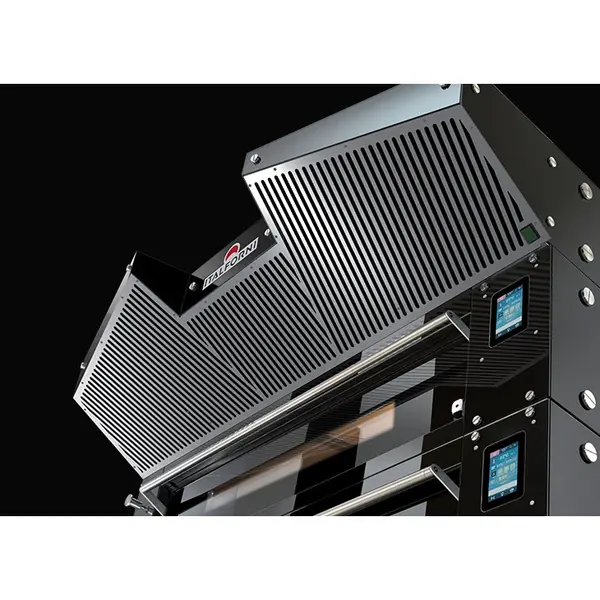 Modulaire Pizzaoven | BULL | Zwart | Elektrisch | 6x Ø30cm / Bakkamer | 0°C/450°C | 400V | Touchscreen | Incl. Afzuigkap + Rijskast/Onderstel
