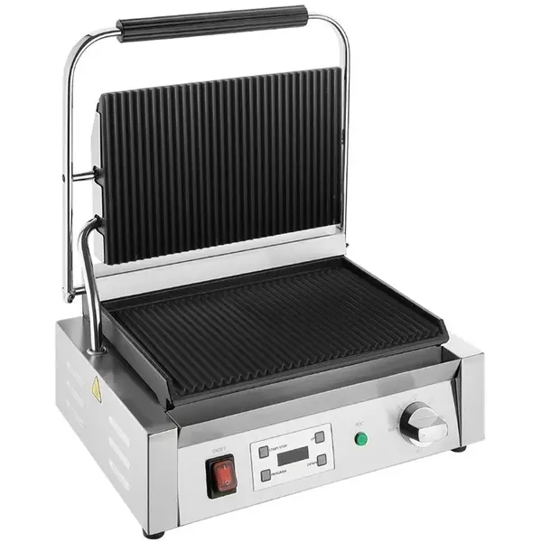 Contact-/Paninigrill | BISTRO | Enkel | Gegroefd Oppervlak 344x230 (Gietijzer) | 50°C/300°C | 2.5kW (230V) | Timer | 430x310x200(h)mm
