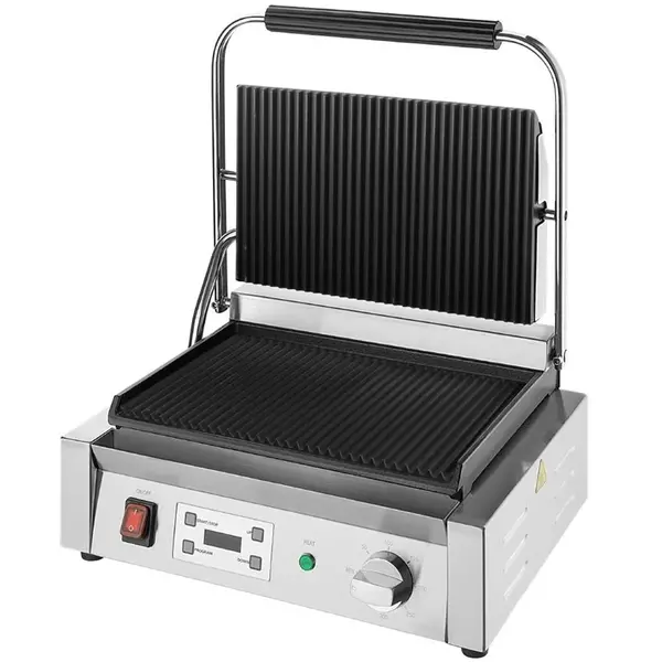 Contact-/Paninigrill | BISTRO | Enkel | Gegroefd Oppervlak 344x230 (Gietijzer) | 50°C/300°C | 2.5kW (230V) | Timer | 430x310x200(h)mm