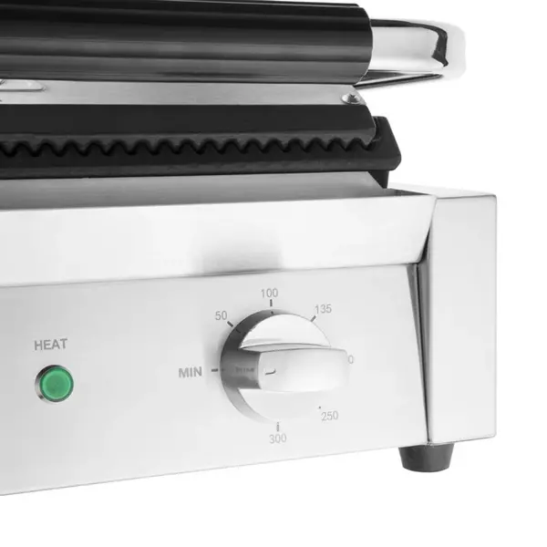 Contact-/Paninigrill | BISTRO | Enkel | Gegroefd Oppervlak 344x230 (Gietijzer) | 50°C/300°C | 2.5kW (230V) | Timer | 430x310x200(h)mm