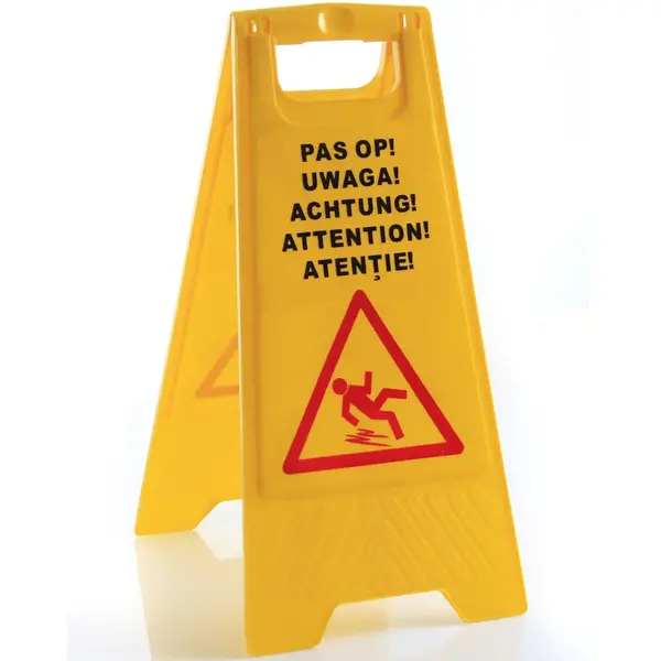 Waarschuwingsbord | Kunststof | "Pas op!" (NL/PL/DE/EN/RO) | 460x300x615(h)mm
