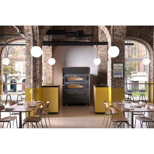 Modulaire Pizzaoven | VISOR | Zwart | Elektrisch | 6x Ø35cm / Bakkamer | 0°C/450°C | 400V | Touchscreen | Incl. Afzuigkap (Excl. Motor) + Rijskast/Onderstel | Wielen