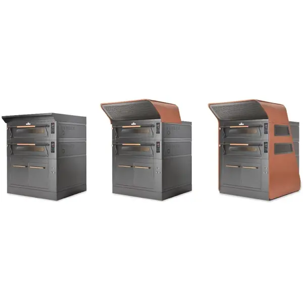 Modulaire Pizzaoven | VISOR | Zwart | Elektrisch | 6x Ø35cm / Bakkamer | 0°C/450°C | 400V | Touchscreen | Incl. Afzuigkap (Excl. Motor) + Rijskast/Onderstel | Wielen