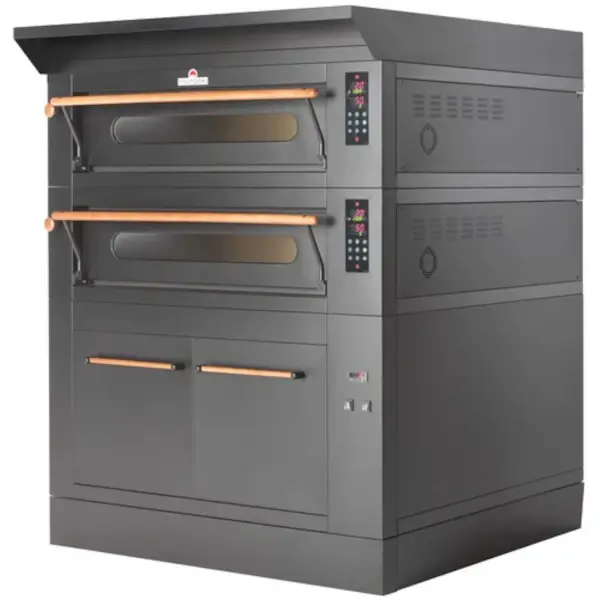 Modulaire Pizzaoven | VISOR | Zwart | Elektrisch | 9x Ø35cm / Bakkamer | 0°C/450°C | 400V | Touchscreen | Incl. Afzuigkap (Excl. Motor) + Rijskast/Onderstel | Wielen