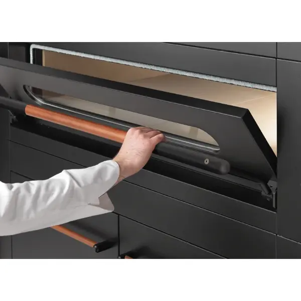 Modulaire Pizzaoven | VISOR | Zwart | Elektrisch | 9x Ø35cm / Bakkamer | 0°C/450°C | 400V | Touchscreen | Incl. Afzuigkap (Excl. Motor) + Rijskast/Onderstel | Wielen