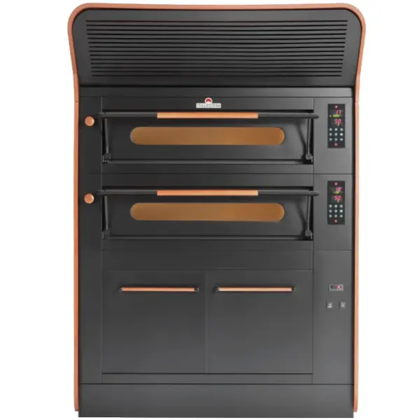 Modulaire Pizzaoven | VISOR | Zwart | Elektrisch | 6x Ø35cm / Bakkamer | 0°C/450°C | 400V | Touchscreen | Incl. Afzuigkap (Incl. Motor) + Rijskast/Onderstel | Wielen