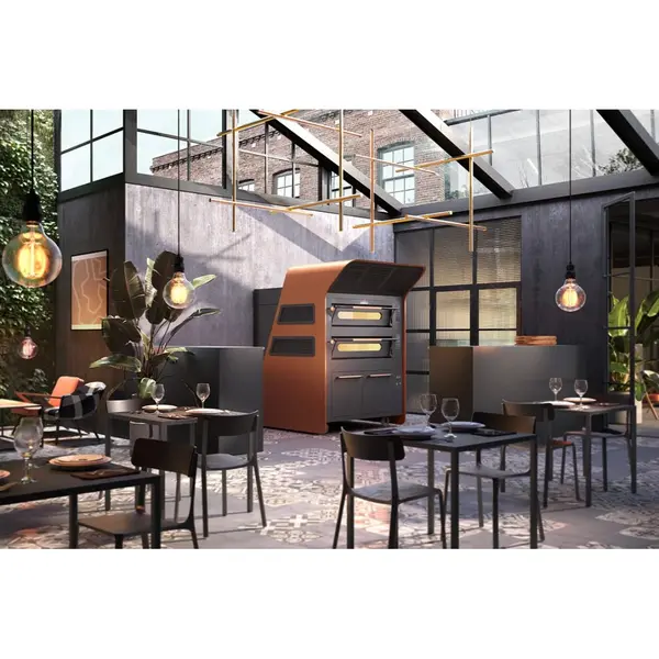 Modulaire Pizzaoven | VISOR | Zwart | Elektrisch | 9x Ø35cm / Bakkamer | 0°C/450°C | 400V | Touchscreen | Incl. Afzuigkap (Incl. Motor) + Rijskast/Onderstel | Wielen