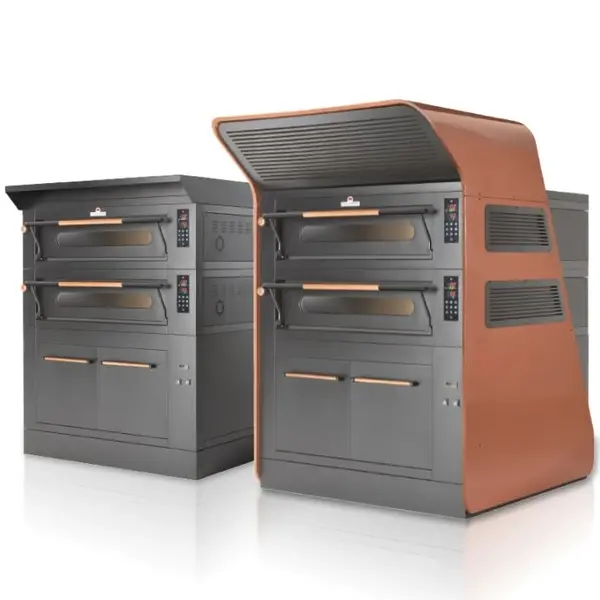 Modulaire Pizzaoven | VISOR | Zwart | Elektrisch | 9x Ø35cm / Bakkamer | 0°C/450°C | 400V | Touchscreen | Incl. Afzuigkap (Incl. Motor) + Rijskast/Onderstel | Wielen