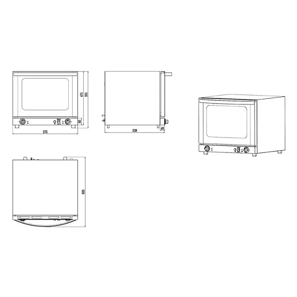 Heteluchtoven | 4 Niveaus (430x325) | Elektrisch | 50°C/250°C | 2.9kW (230V) | Bevochtiging (Handmatig) | 575x600x502(h)mm