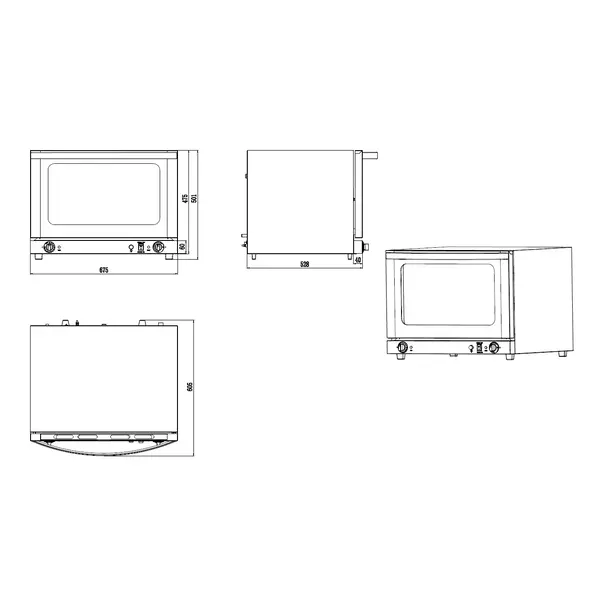 Heteluchtoven | 4 Niveaus (1/1 GN) | Elektrisch | 50°C/250°C | 2.9kW (230V) | Bevochtiging (Handmatig) | 675x600x502(h)mm