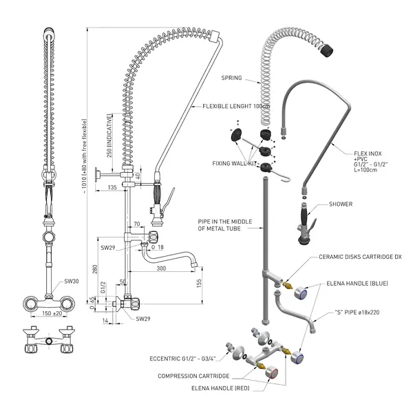 Voorspoeldouche | Handdouche + Middenuitloop | Mengkraan | 2-Gats (Wand) | 1010(h)mm