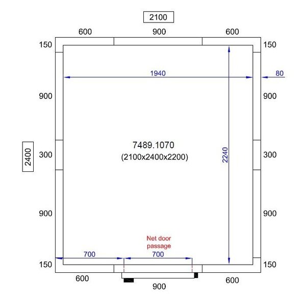 Koelcel | PRO LINE | Incl. Motor | 8.9m³ | -5°C/+15°C | Isolatie 80mm | 230V | 2100x2400x2200(h)mm