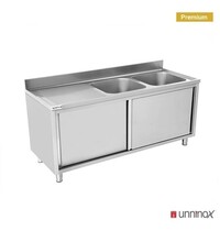 UNNINOX Spoeltafel | RVS | 2 Spoelbakken Rechts + Achteropstand + Schuifdeuren | 1800x700x850(h)mm