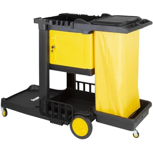 Schoonmaakwagen | Kunststof | Zwart/Geel | Afsluitbare Kast | 1300x490x990(h)mm