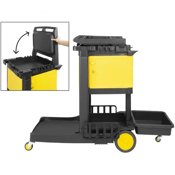 Schoonmaakwagen | Kunststof | Zwart/Geel | Afsluitbare Kast | 1300x490x990(h)mm