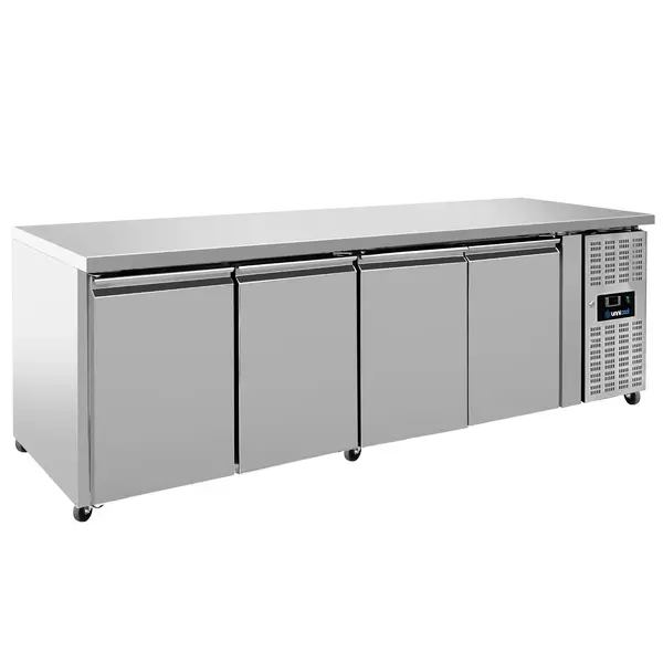 Koelwerkbank | 550L | 4 Deuren (1/1 GN) | +2°C/+8°C | Geforceerd | Wielen (Geremd) | 2230x700x850(h)mm