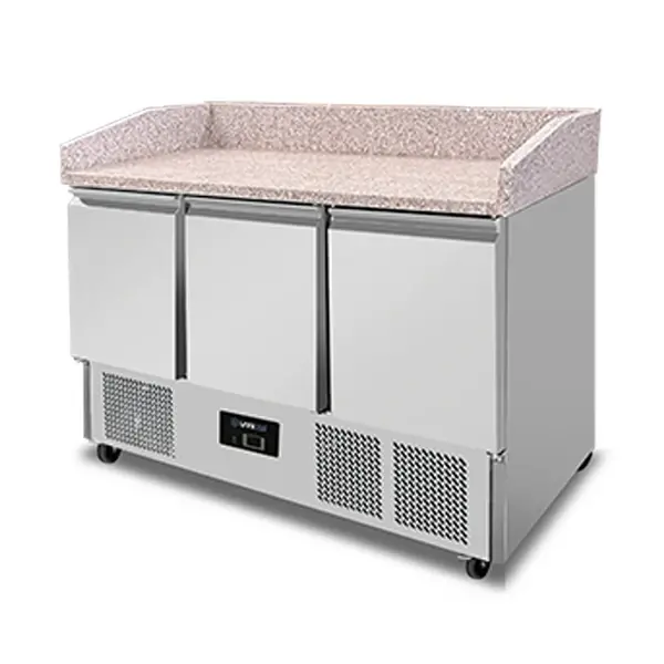 Pizzawerkbank | 350L | 3 Deuren (1/1 GN) | +2°C/+8°C | Statisch + Ventilator | Wielen (Geremd) | 1400x700x880/1020(h)mm