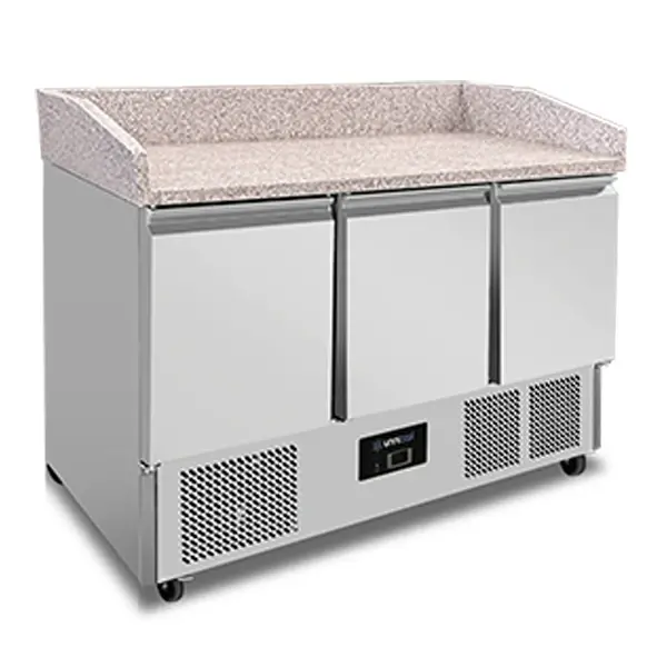 Pizzawerkbank | 350L | 3 Deuren (1/1 GN) | +2°C/+8°C | Statisch + Ventilator | Wielen (Geremd) | 1400x700x880/1020(h)mm