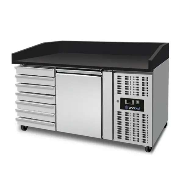 Pizzawerkbank | 195L | 1 Deur + 7 Deegladen (EN600x400) | -2°C/+8°C | Geforceerd | Wielen (Geremd) | 1505x800x860/1000(h)mm