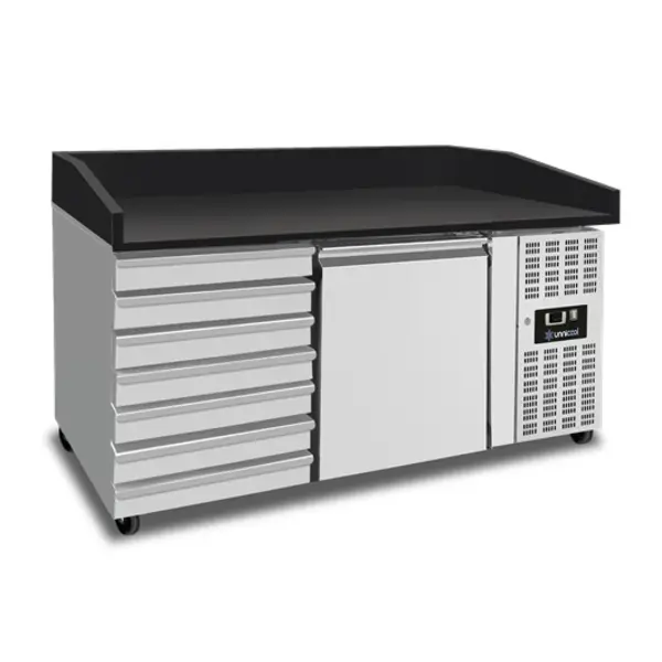 Pizzawerkbank | 195L | 1 Deur + 7 Deegladen (EN600x400) | -2°C/+8°C | Geforceerd | Wielen (Geremd) | 1505x800x860/1000(h)mm