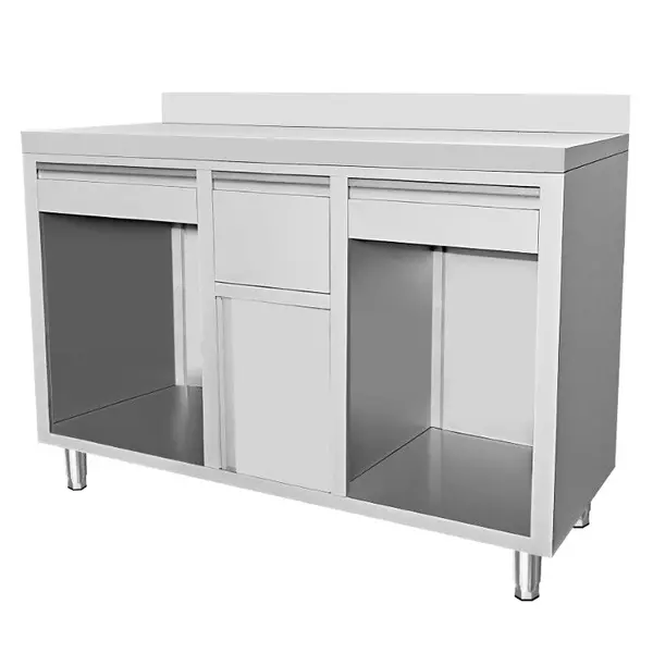 Koffiewerkbank | RVS | Open Vakken + Draaideur | 2 Laden + Afkloplade | Achteropstand | 1500x600x1050/1150(h)mm