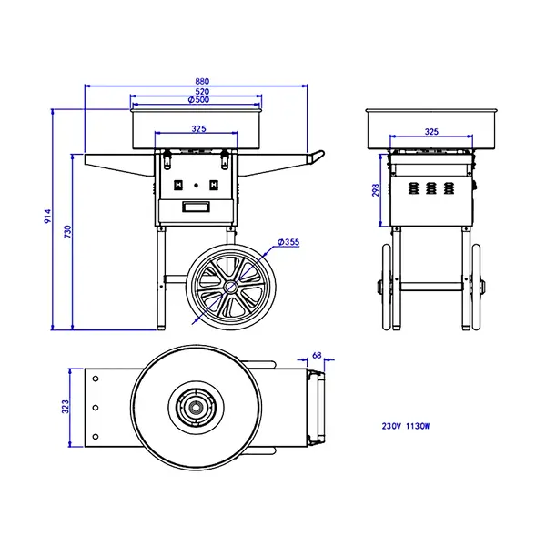 Suikerspinmachine + Onderstel | Kom Ø520mm | 1.13kW (230V) | Wielen | 948x520x914(h)mm