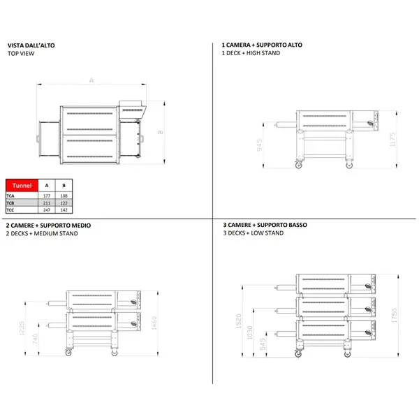 Tunneloven | CLASSIC | Elektrisch | Band 45-83cm | 0°C/450°C | 400V | Stapelbaar | Incl. Onderstel
