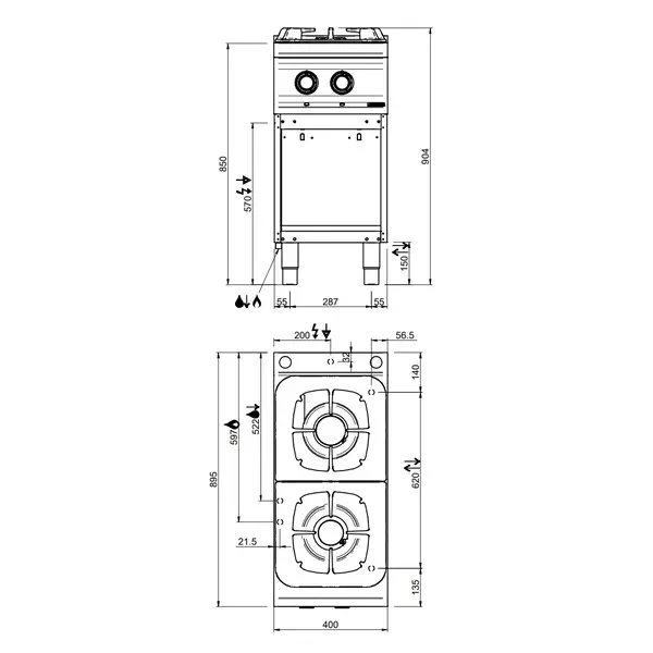 Fornuis | OPTIMA 900 | Gas | 2 Branders (7+11kW) | Waakvlam | Open Onderkast | 400x900x850/904(h)mm